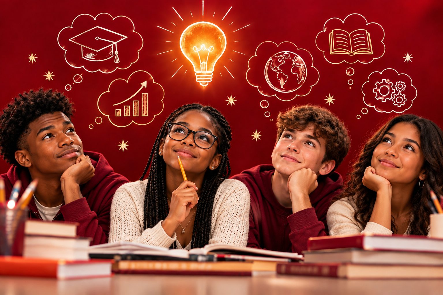 Four older young people seated at a table with books, looking up at a glowing light bulb above them, with gold line-art thought bubbles of a graduation cap, a bar chart, a globe, an open book and gears on a crimson ground