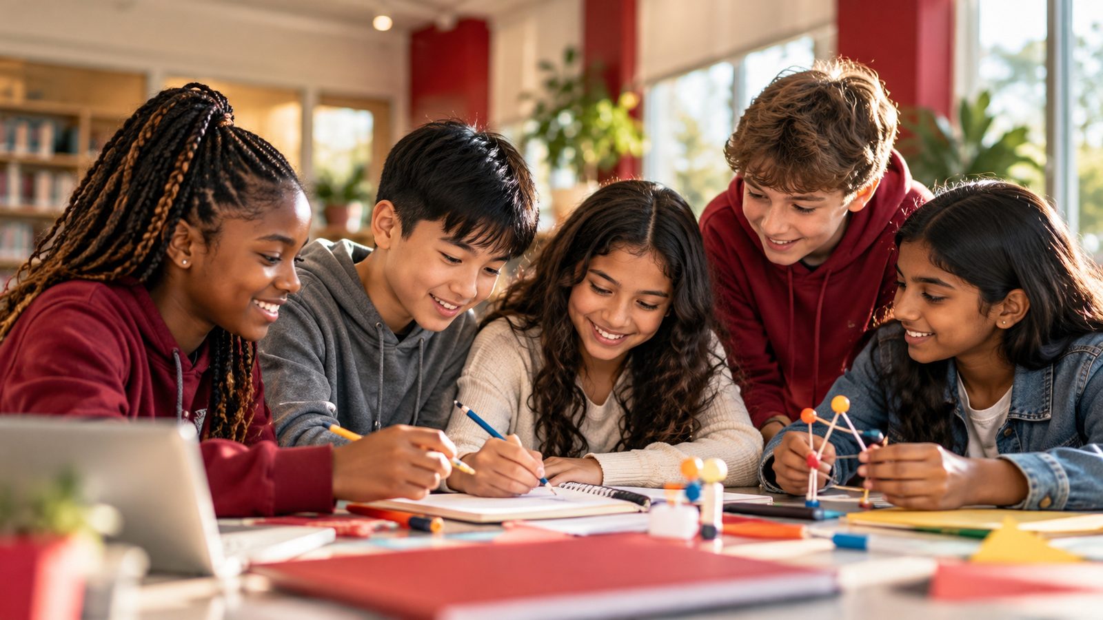 Five young people gathered around a table of books and models, smiling as they work through something together