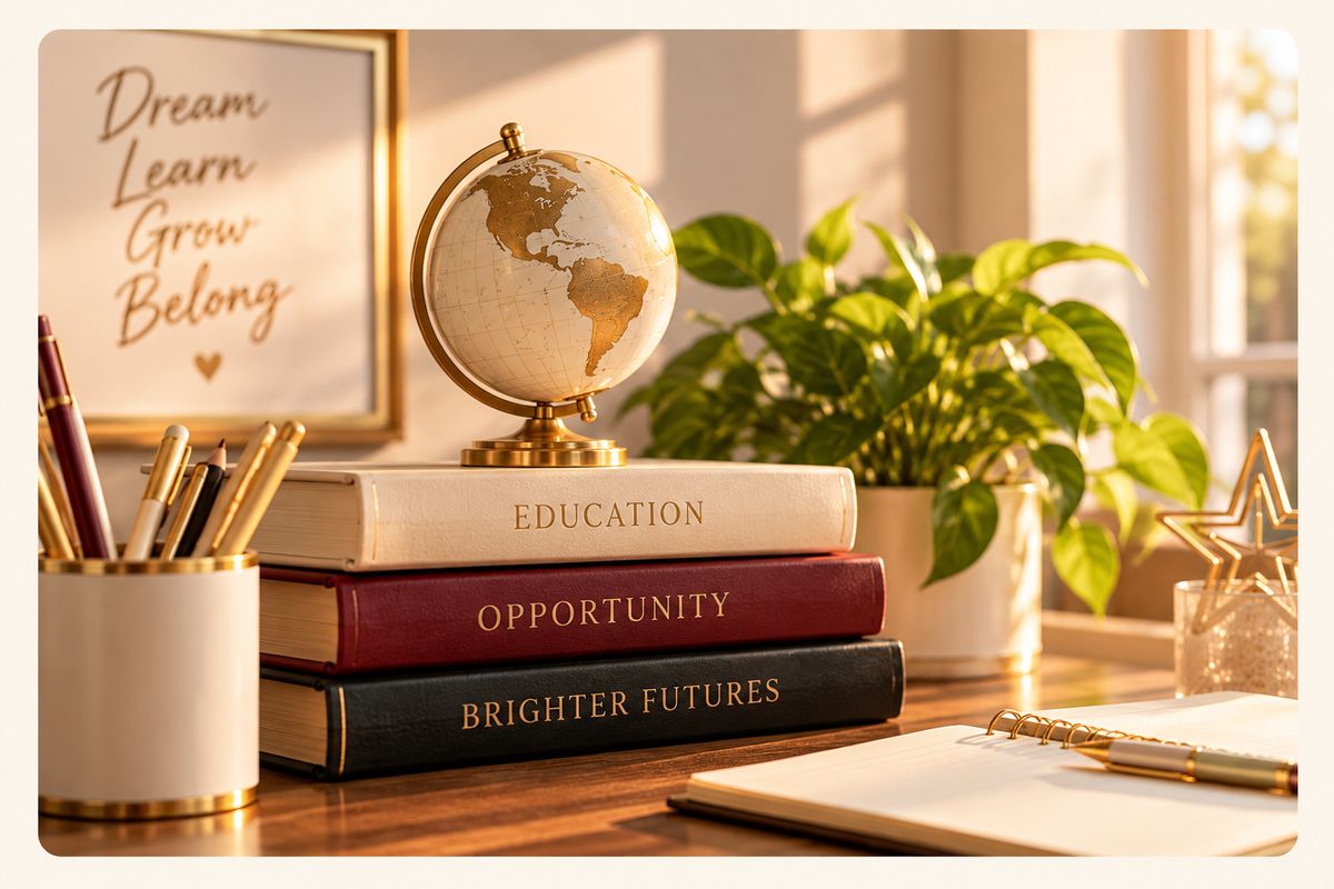 Three books lettered Education, Opportunity and Brighter Futures stacked on a sunlit desk, with a small globe and a framed sign reading Dream Learn Grow Belong